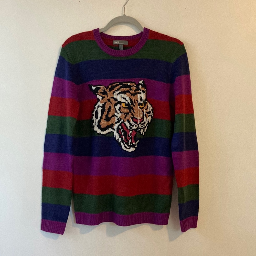 ASOS Knitted Stripe Sweater with Tiger Design